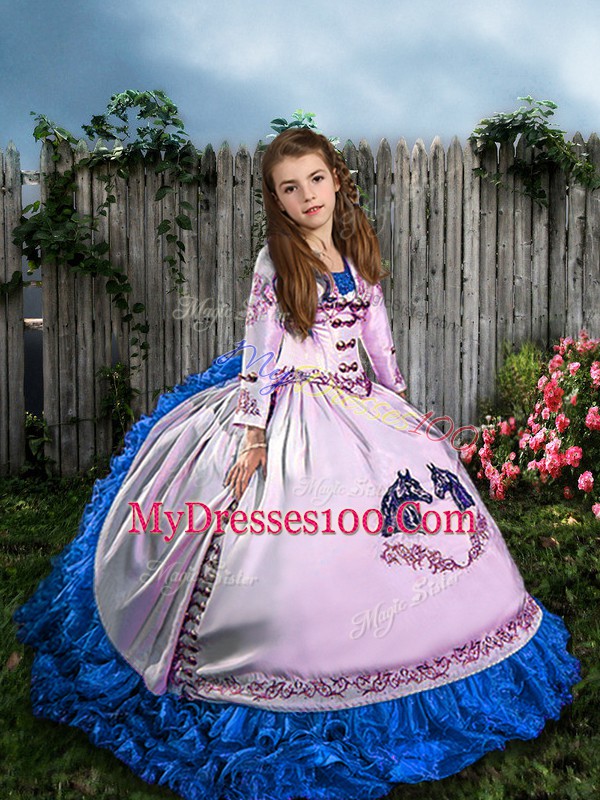 High End Sleeveless Satin and Organza Sweep Train Lace Up Kids Pageant Dress in White with Embroidery and Ruffles