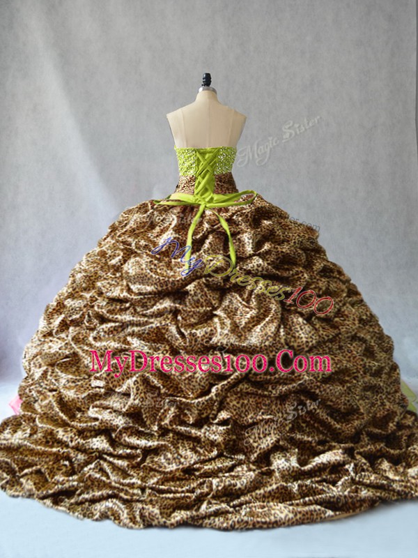 Sleeveless Brush Train Beading Lace Up Quinceanera Gowns