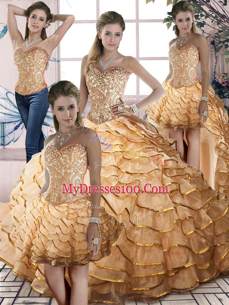 Flare Sweetheart Sleeveless Brush Train Lace Up Sweet 16 Quinceanera Dress Gold Organza