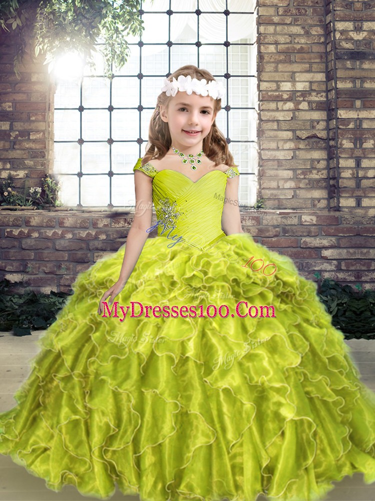 Straps Sleeveless Little Girl Pageant Gowns Floor Length Beading and Ruffles Yellow Green Organza