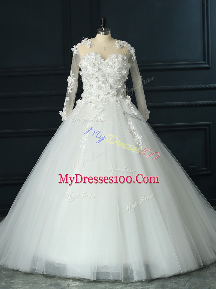 Most Popular Scoop 3 4 Length Sleeve Tulle Wedding Dress Lace and Appliques Court Train Lace Up