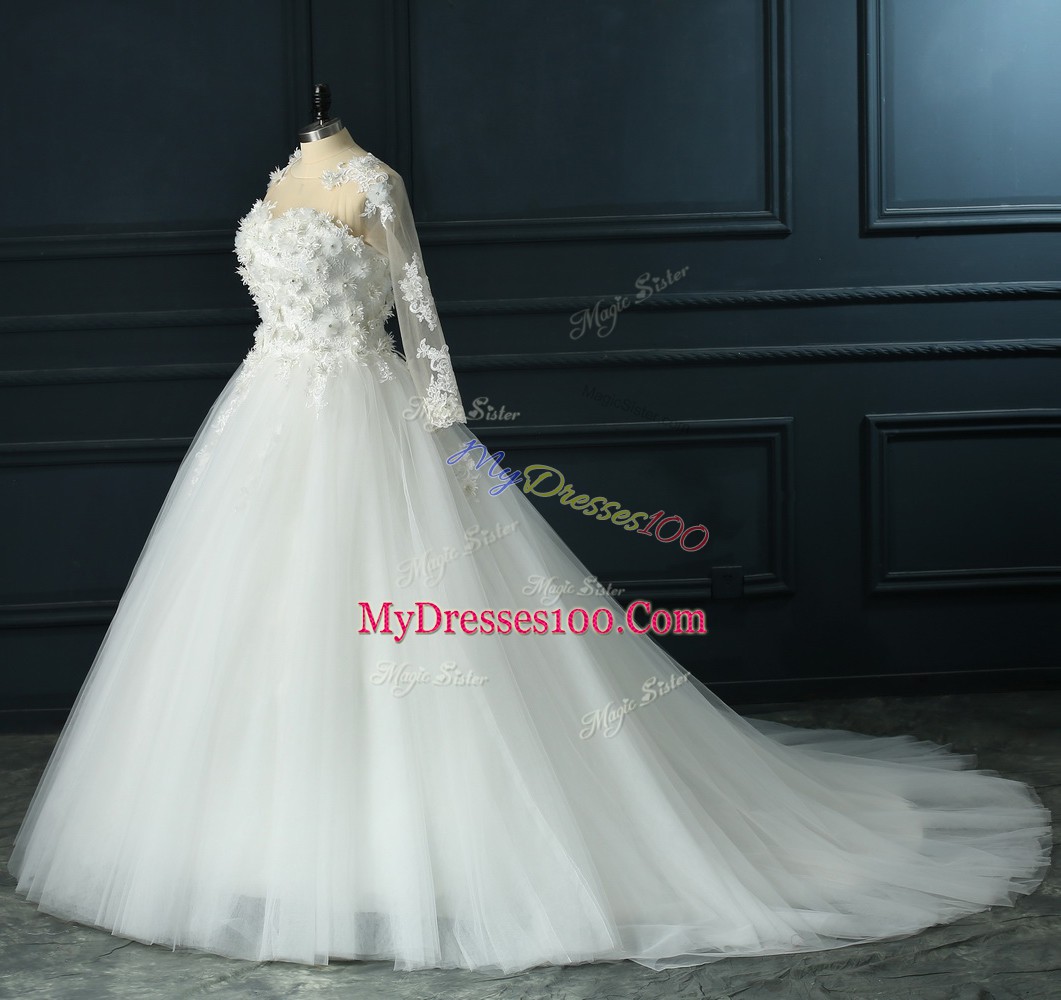 Most Popular Scoop 3 4 Length Sleeve Tulle Wedding Dress Lace and Appliques Court Train Lace Up