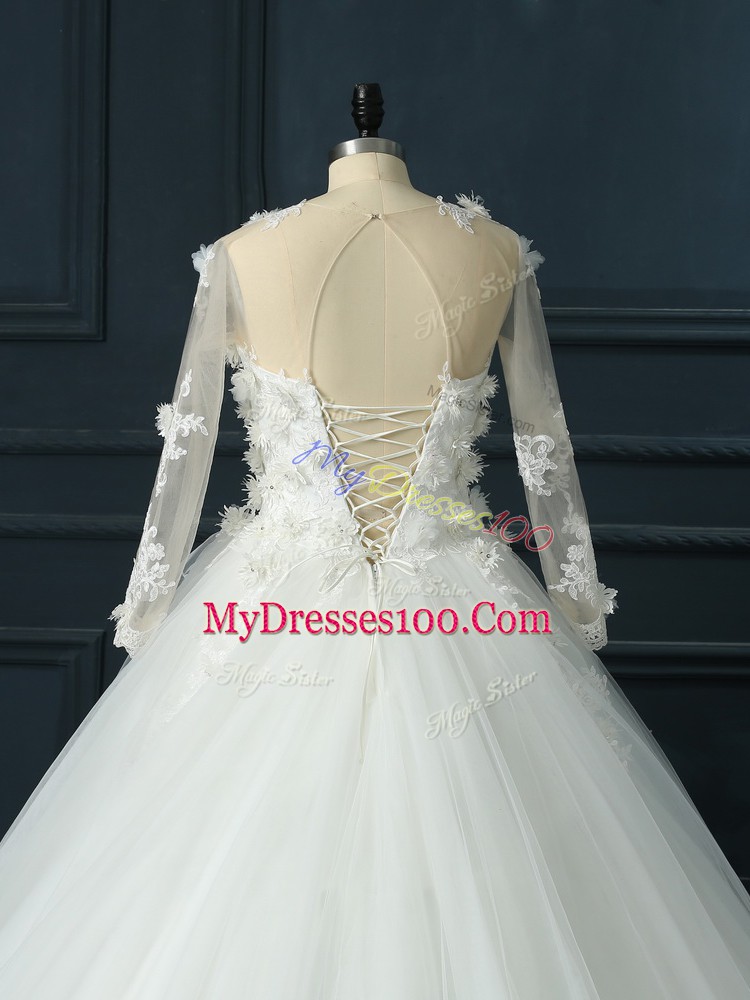 Most Popular Scoop 3 4 Length Sleeve Tulle Wedding Dress Lace and Appliques Court Train Lace Up