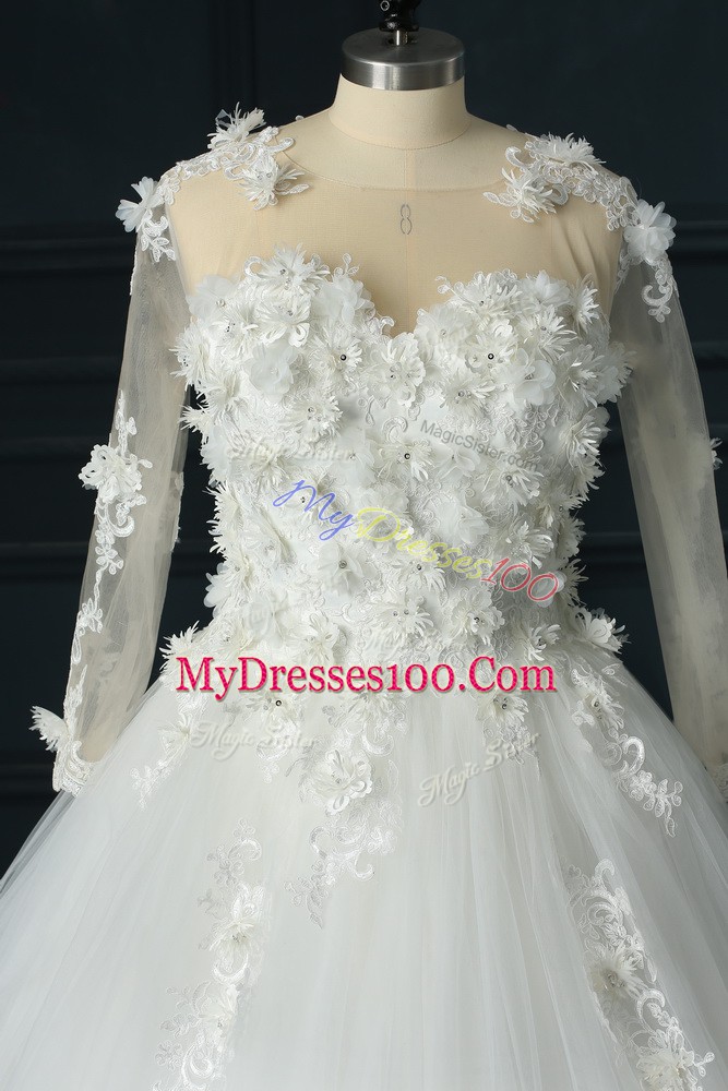 Most Popular Scoop 3 4 Length Sleeve Tulle Wedding Dress Lace and Appliques Court Train Lace Up