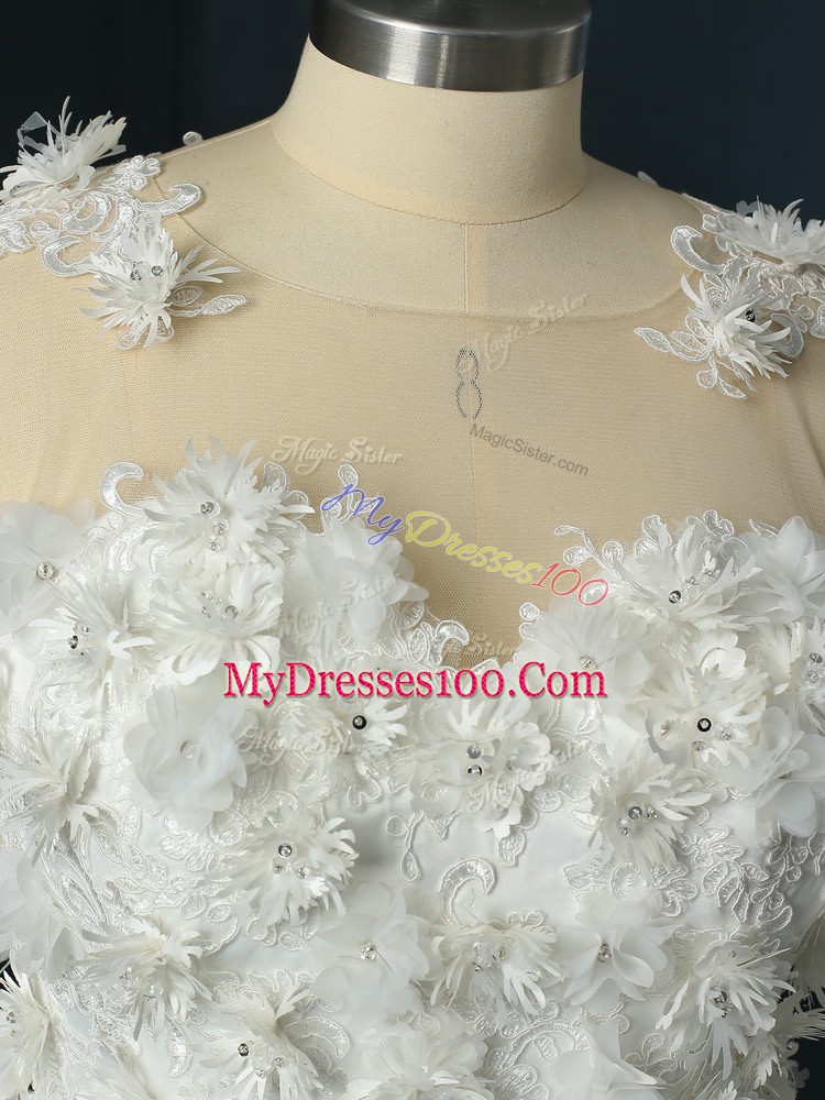 Most Popular Scoop 3 4 Length Sleeve Tulle Wedding Dress Lace and Appliques Court Train Lace Up