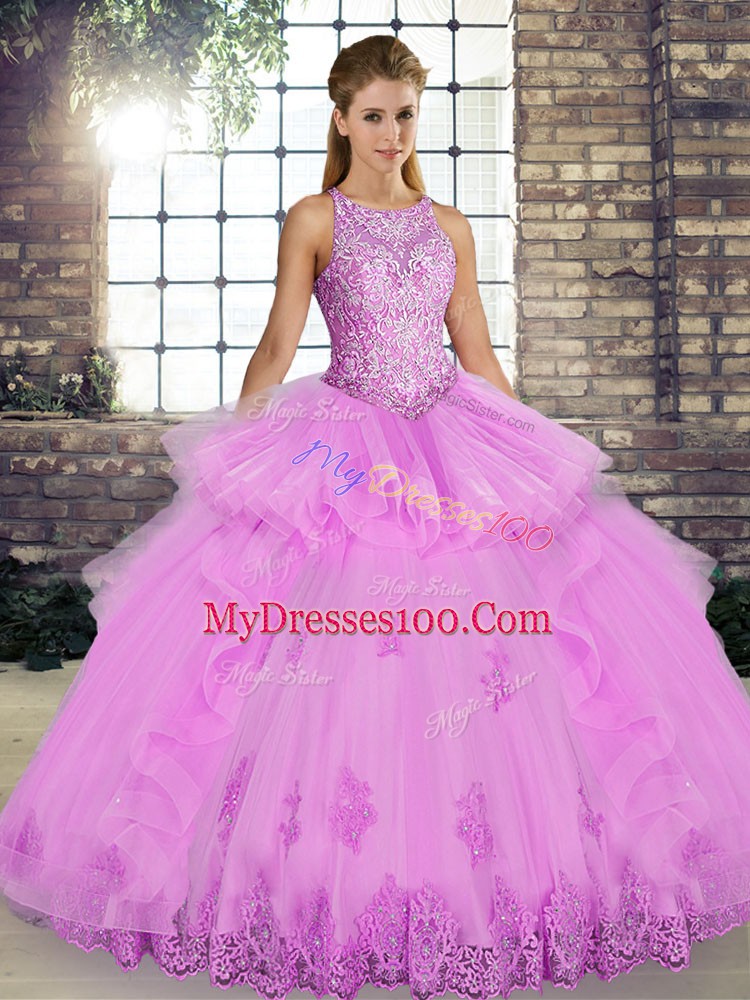 Lilac Tulle Lace Up Quinceanera Gowns Sleeveless Floor Length Lace and Embroidery and Ruffles
