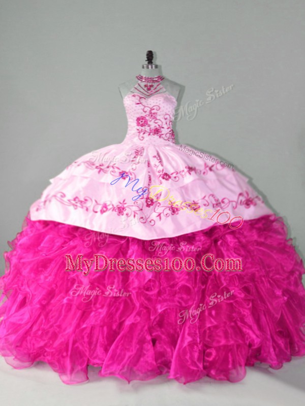 Artistic Sleeveless Embroidery and Ruffles Lace Up Sweet 16 Quinceanera Dress with Hot Pink Court Train