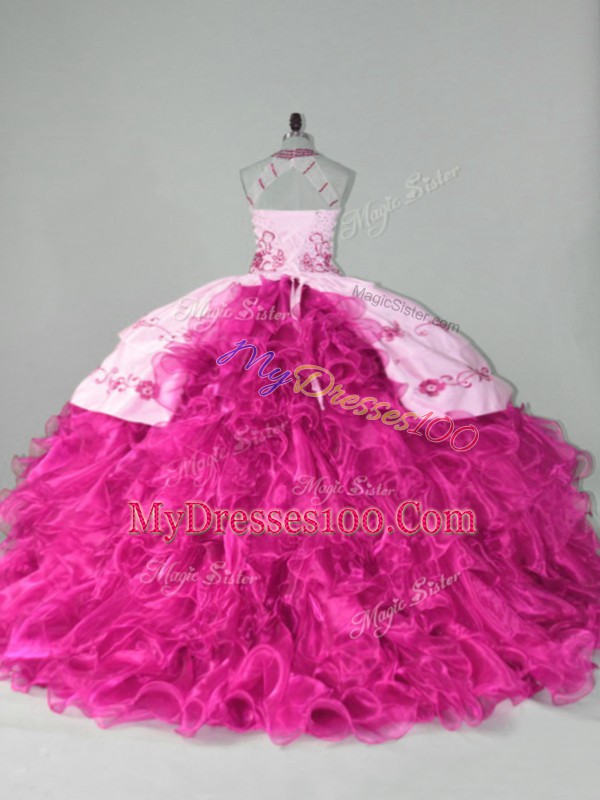 Artistic Sleeveless Embroidery and Ruffles Lace Up Sweet 16 Quinceanera Dress with Hot Pink Court Train