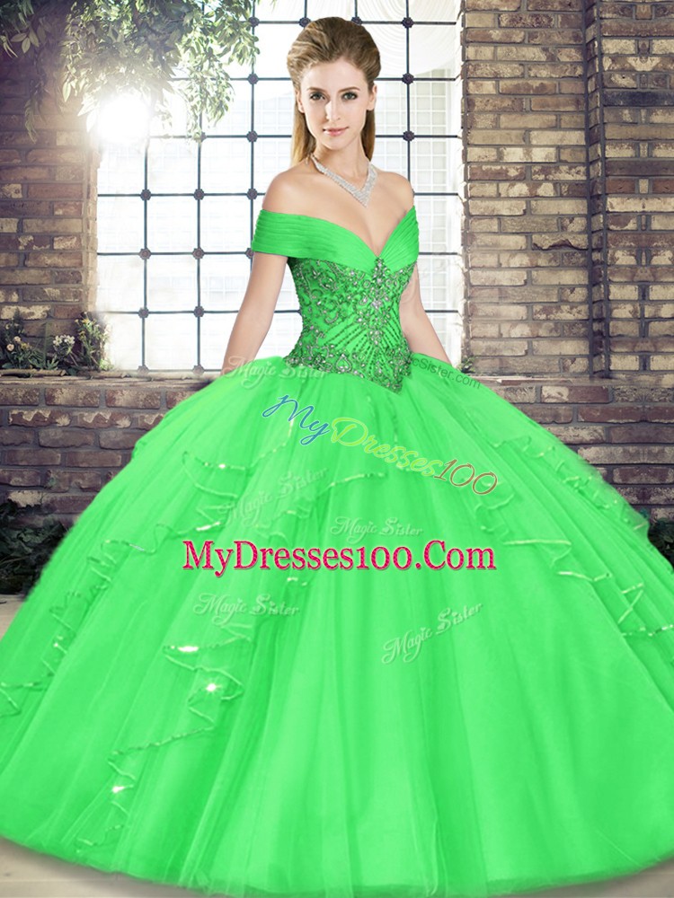 On Sale Ball Gowns 15th Birthday Dress Green Off The Shoulder Tulle Sleeveless Floor Length Lace Up