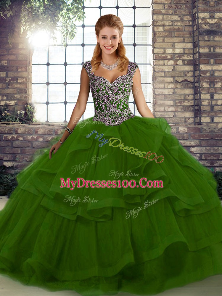 Beading and Ruffles Quince Ball Gowns Green Lace Up Sleeveless Floor Length