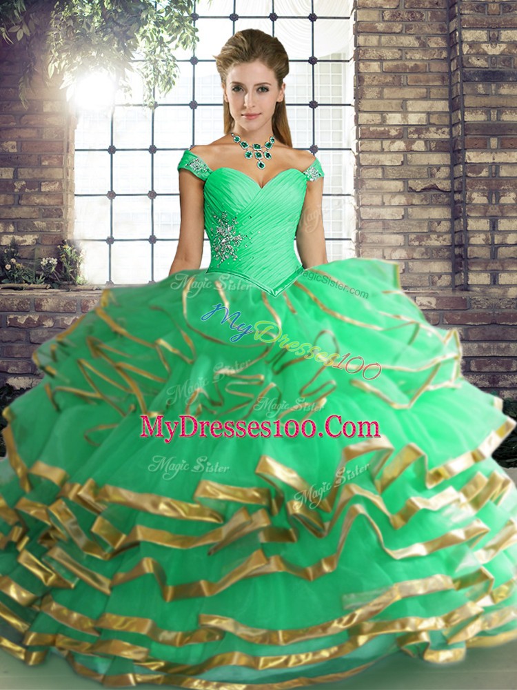Attractive Sleeveless Tulle Floor Length Lace Up Quinceanera Dress in Turquoise with Beading and Ruffled Layers