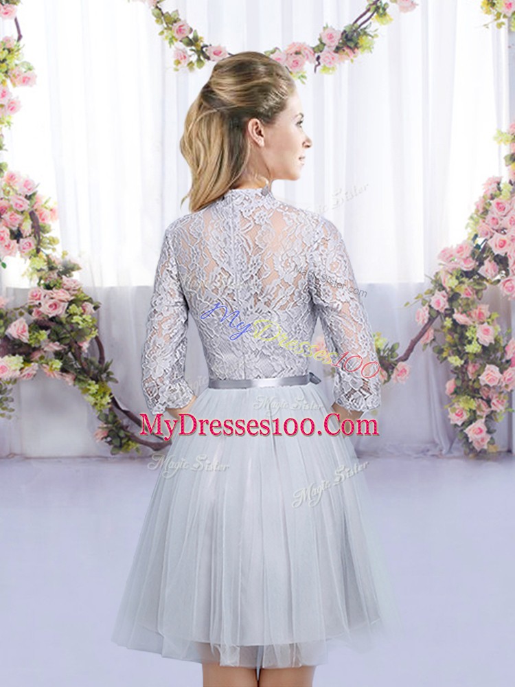Delicate Grey Half Sleeves Tulle Zipper Bridesmaid Dresses for Wedding Party