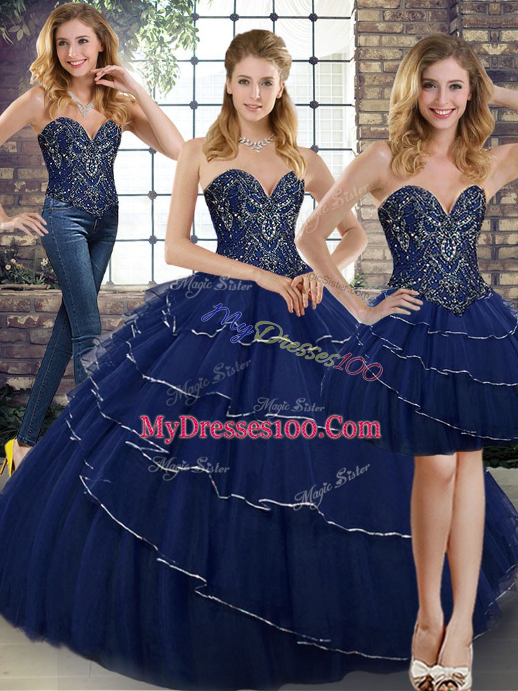 Navy Blue Lace Up Sweetheart Beading and Ruffled Layers Sweet 16 Dresses Tulle Sleeveless Brush Train