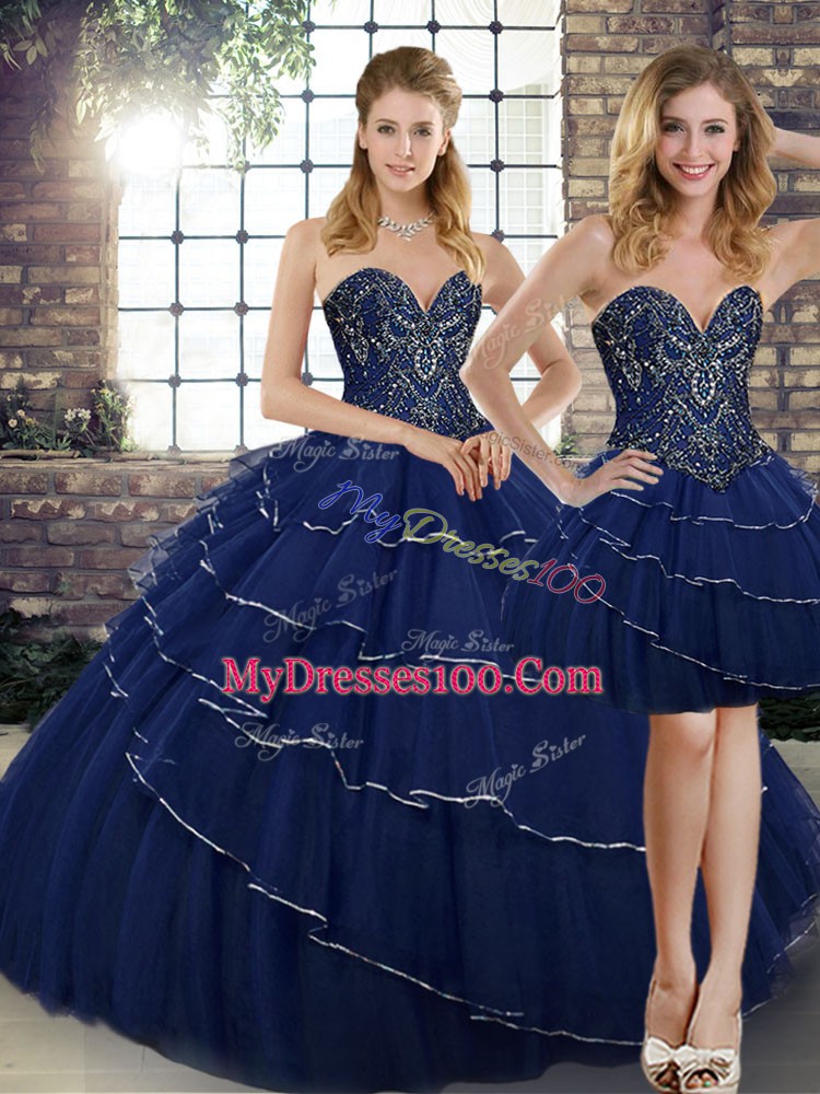 Navy Blue Lace Up Sweetheart Beading and Ruffled Layers Sweet 16 Dresses Tulle Sleeveless Brush Train