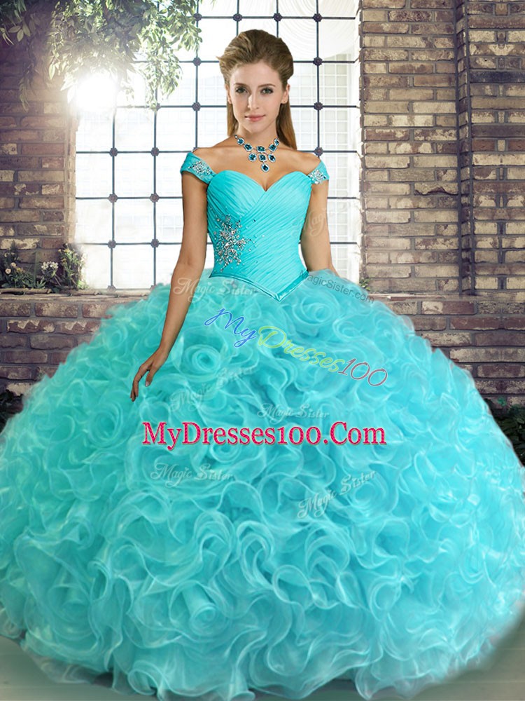 Sexy Fabric With Rolling Flowers Sleeveless Floor Length Quince Ball Gowns and Beading