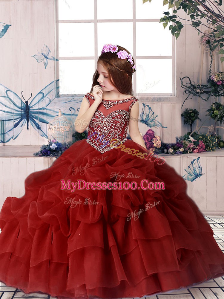 Red Lace Up Kids Formal Wear Beading and Pick Ups Sleeveless Floor Length