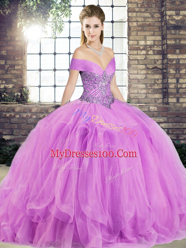 Lilac Ball Gowns Beading and Ruffles 15 Quinceanera Dress Lace Up Tulle Sleeveless Floor Length