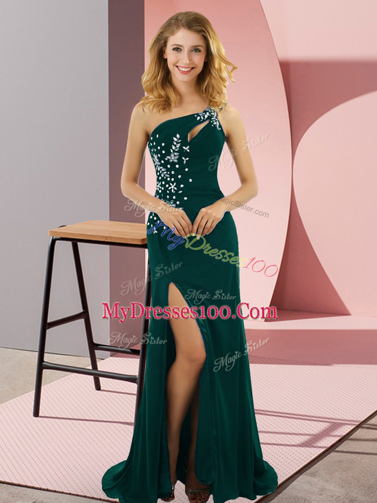 One Shoulder Sleeveless Homecoming Dress Sweep Train Beading Peacock Green Elastic Woven Satin