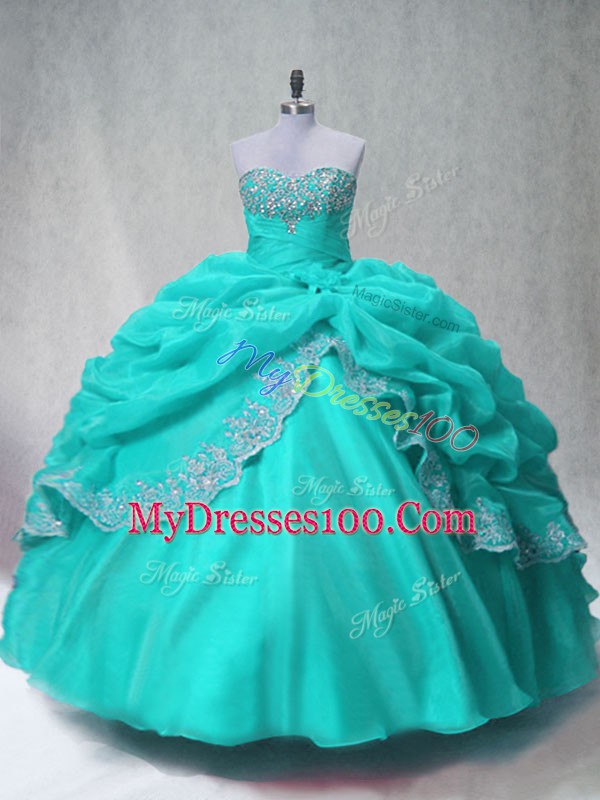 Great Beading and Appliques Quinceanera Gowns Aqua Blue Lace Up Sleeveless Floor Length