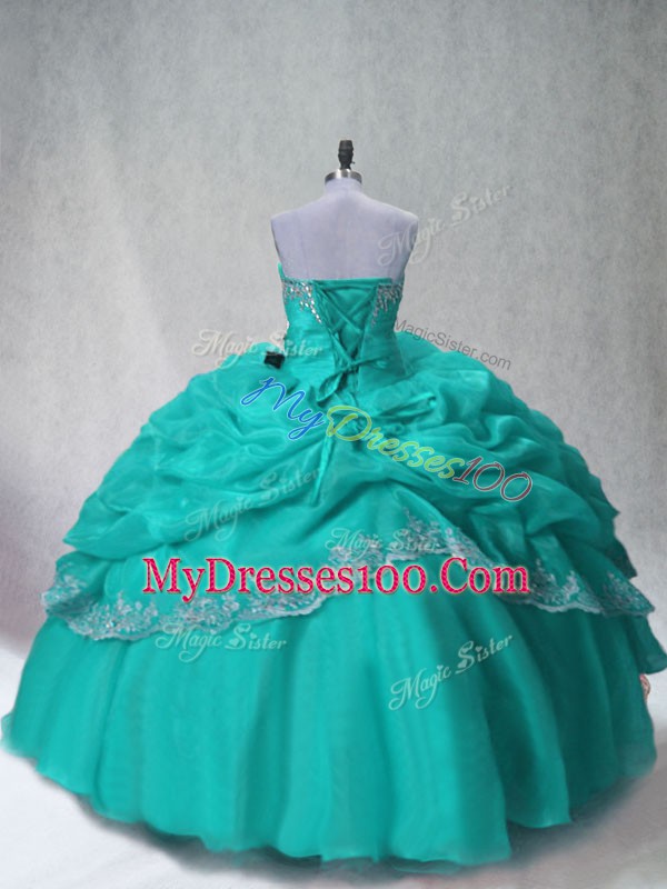 Great Beading and Appliques Quinceanera Gowns Aqua Blue Lace Up Sleeveless Floor Length