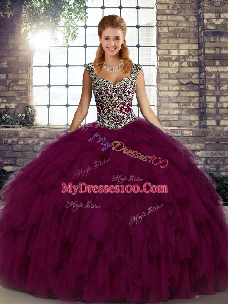 Stylish Beading and Ruffles Quinceanera Gown Dark Purple Lace Up Sleeveless Floor Length