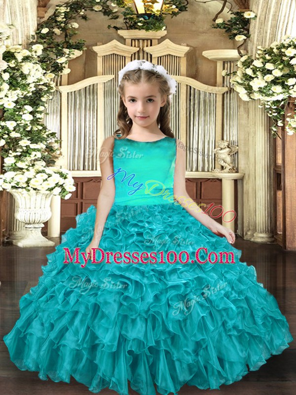 Latest Ruffles Pageant Gowns For Girls Aqua Blue Lace Up Sleeveless Floor Length