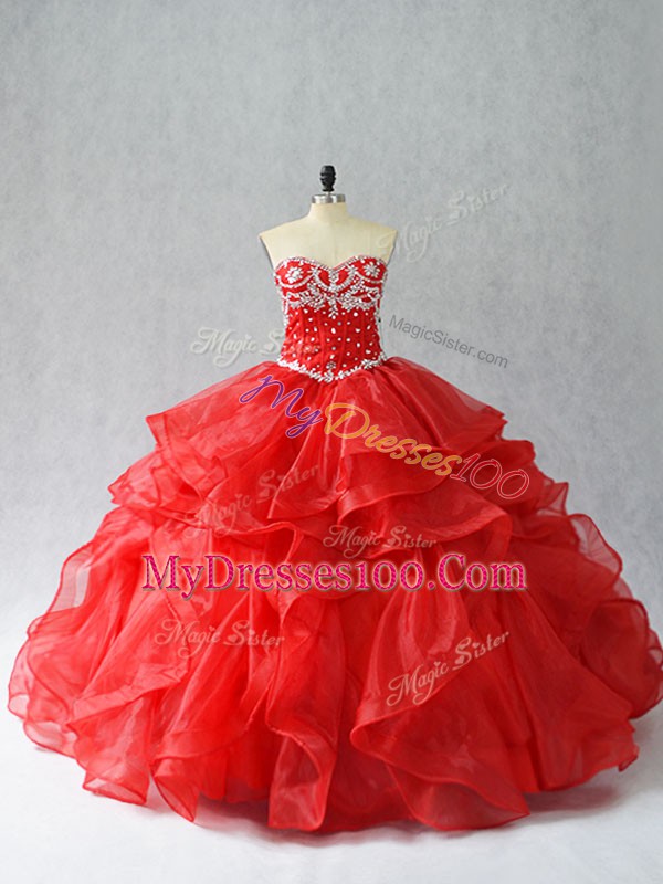 Red Lace Up Sweetheart Beading and Ruffles Quinceanera Gowns Organza Sleeveless