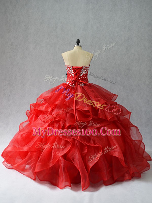 Red Lace Up Sweetheart Beading and Ruffles Quinceanera Gowns Organza Sleeveless