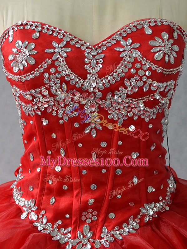 Red Lace Up Sweetheart Beading and Ruffles Quinceanera Gowns Organza Sleeveless