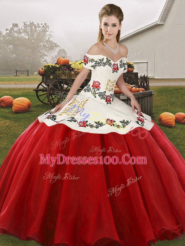 New Arrival White And Red Sleeveless Organza Lace Up Quinceanera Gown for Military Ball and Sweet 16 and Quinceanera