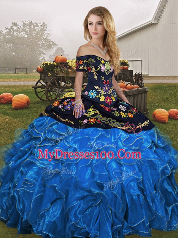 Blue And Black Organza Lace Up 15th Birthday Dress Sleeveless Floor Length Embroidery and Ruffles