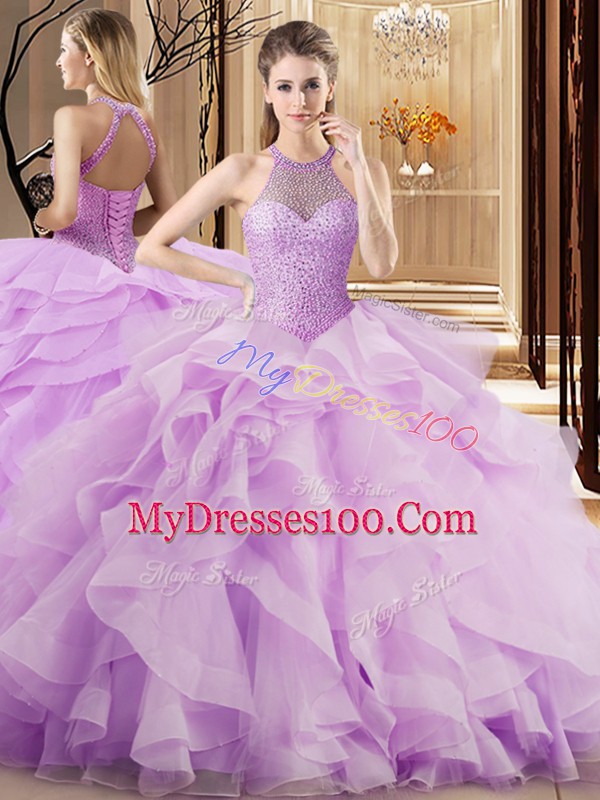 Brush Train Ball Gowns Vestidos de Quinceanera Lilac Halter Top Organza Sleeveless Lace Up