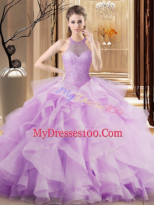Brush Train Ball Gowns Vestidos de Quinceanera Lilac Halter Top Organza Sleeveless Lace Up