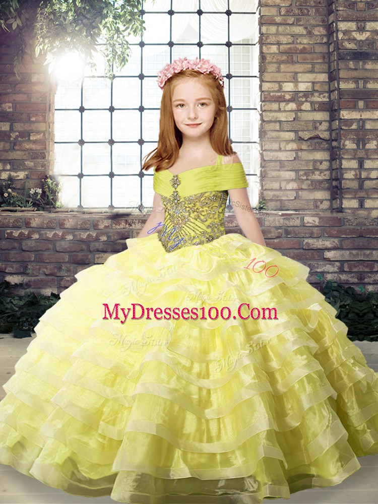 Sleeveless Brush Train Beading and Ruffled Layers Lace Up Pageant Dress for Womens