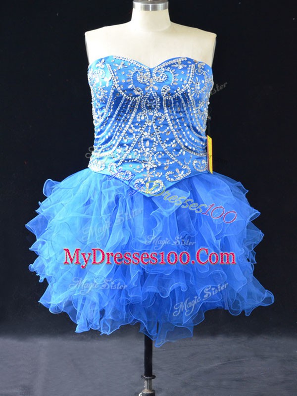 Blue Tulle Lace Up Sweetheart Sleeveless Mini Length Prom Evening Gown Beading and Ruffles