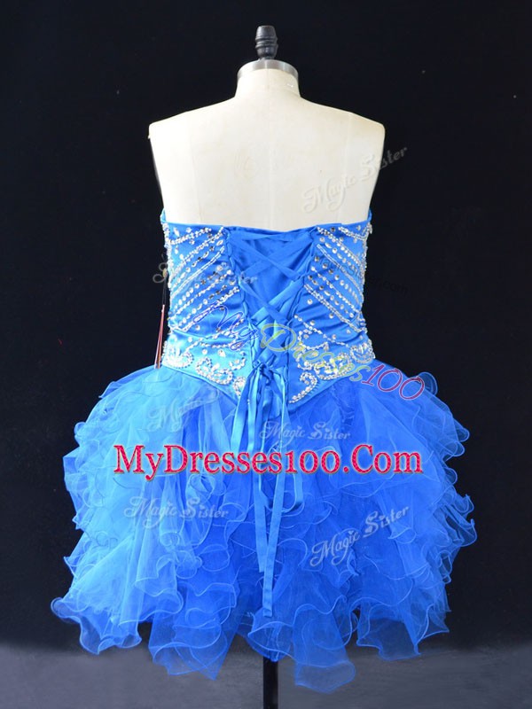 Blue Tulle Lace Up Sweetheart Sleeveless Mini Length Prom Evening Gown Beading and Ruffles