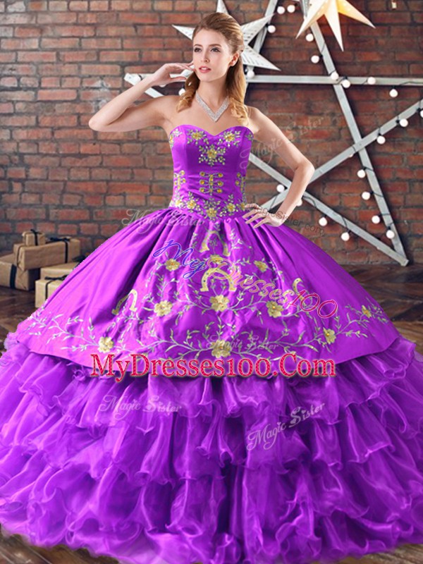 Purple Lace Up Sweet 16 Dress Embroidery and Ruffled Layers Sleeveless Floor Length