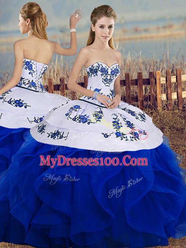 Designer Ball Gowns Quinceanera Dress Royal Blue Sweetheart Tulle Sleeveless Floor Length Lace Up