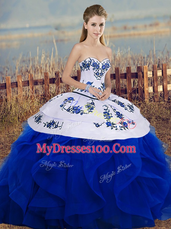Designer Ball Gowns Quinceanera Dress Royal Blue Sweetheart Tulle Sleeveless Floor Length Lace Up