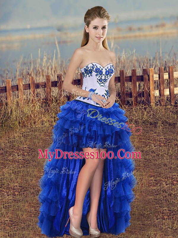 Trendy High Low Royal Blue Homecoming Dress Sweetheart Sleeveless Lace Up