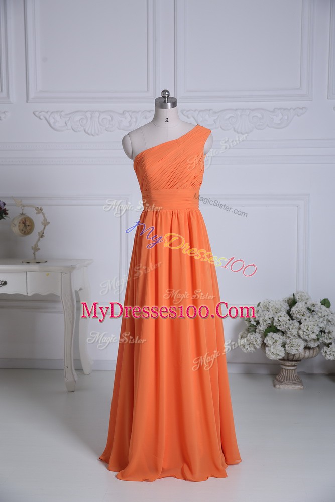 Ruching Wedding Guest Dresses Orange Zipper Sleeveless Floor Length
