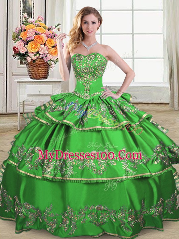 Beautiful Green Ball Gowns Sweetheart Sleeveless Satin and Organza Floor Length Lace Up Ruffled Layers Wedding Party Dress