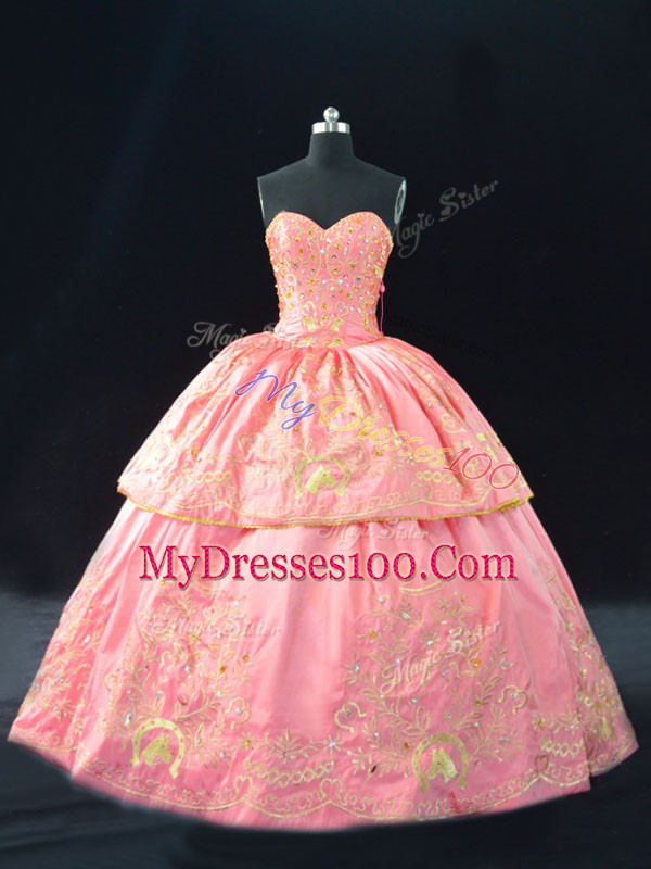 Fashionable Pink Ball Gowns Sweetheart Sleeveless Satin Lace Up Embroidery Sweet 16 Dress