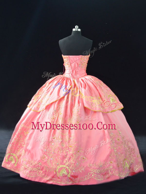 Fashionable Pink Ball Gowns Sweetheart Sleeveless Satin Lace Up Embroidery Sweet 16 Dress