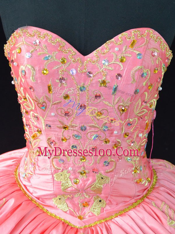 Fashionable Pink Ball Gowns Sweetheart Sleeveless Satin Lace Up Embroidery Sweet 16 Dress
