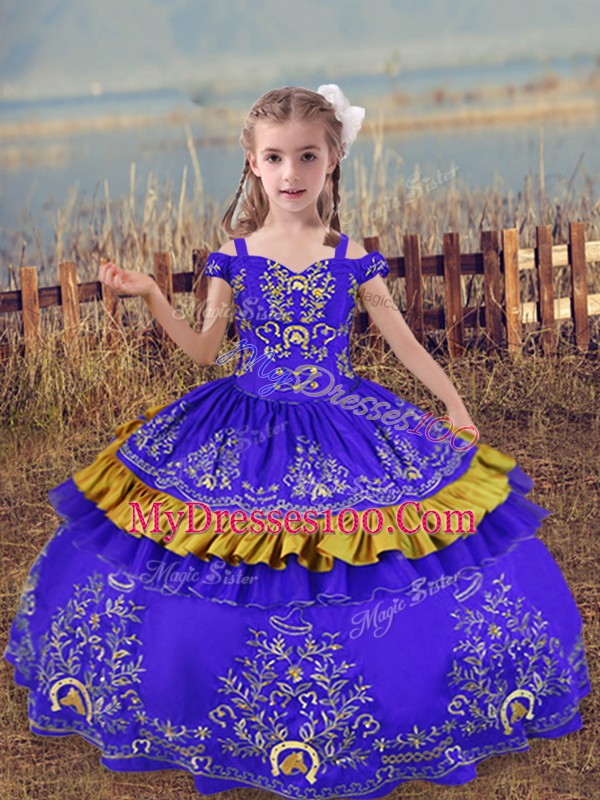 Satin Sleeveless Floor Length Little Girl Pageant Dress and Beading and Embroidery