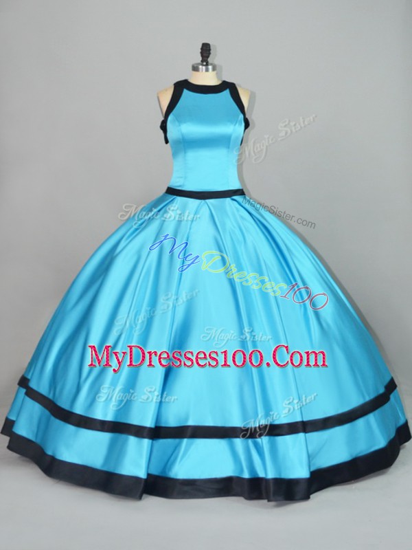 Simple Baby Blue Ball Gowns Satin Scoop Sleeveless Ruching Floor Length Zipper Sweet 16 Dresses