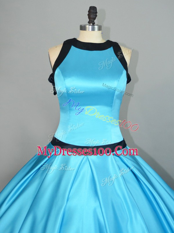 Simple Baby Blue Ball Gowns Satin Scoop Sleeveless Ruching Floor Length Zipper Sweet 16 Dresses