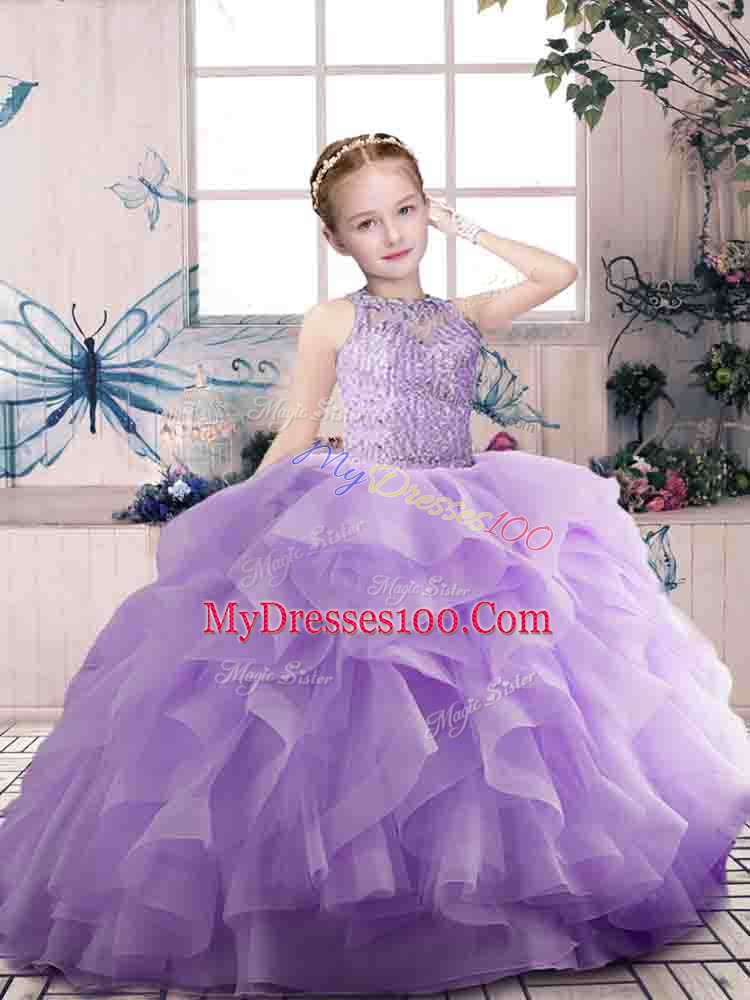 Scoop Sleeveless Kids Formal Wear Floor Length Beading and Ruffles Lavender Organza