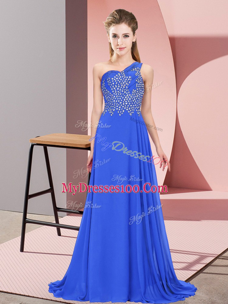 Floor Length Side Zipper Evening Dress Blue for Prom and Party with Beading